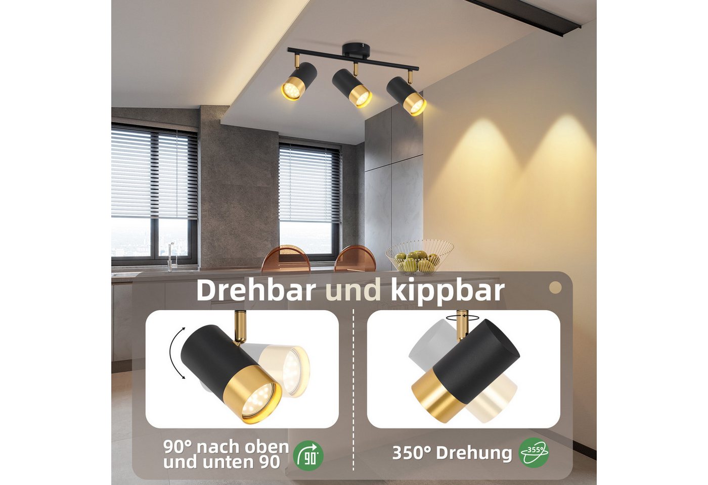 ZMH Deckenstrahler 2/3/4 Flammig-GU10 Schwarz-Gold Modern Deckenlampe für Wohnzimmer, ohne Leuchtmittel