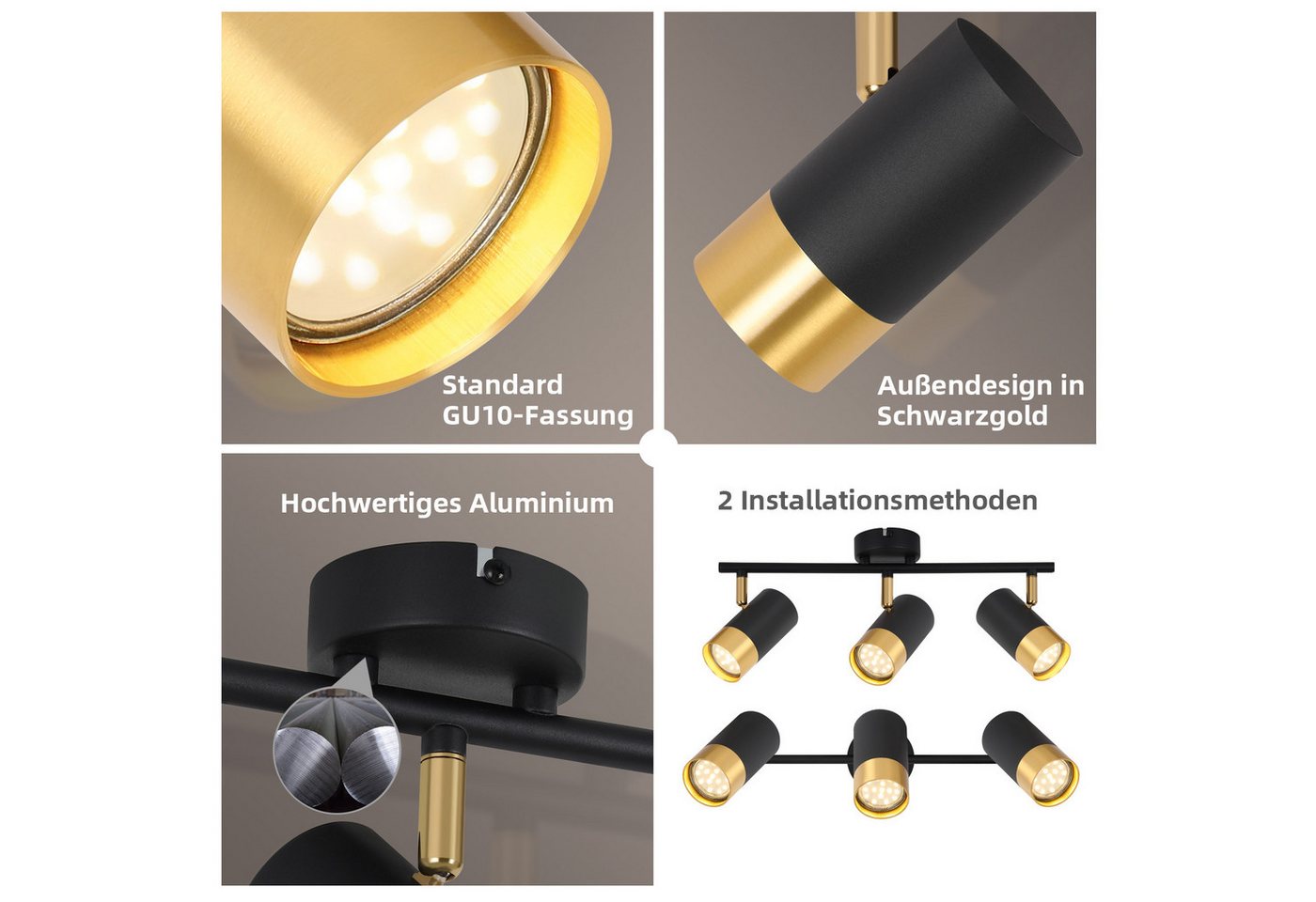 ZMH Deckenstrahler 2/3/4 Flammig-GU10 Schwarz-Gold Modern Deckenlampe für Wohnzimmer, ohne Leuchtmittel Bild 2