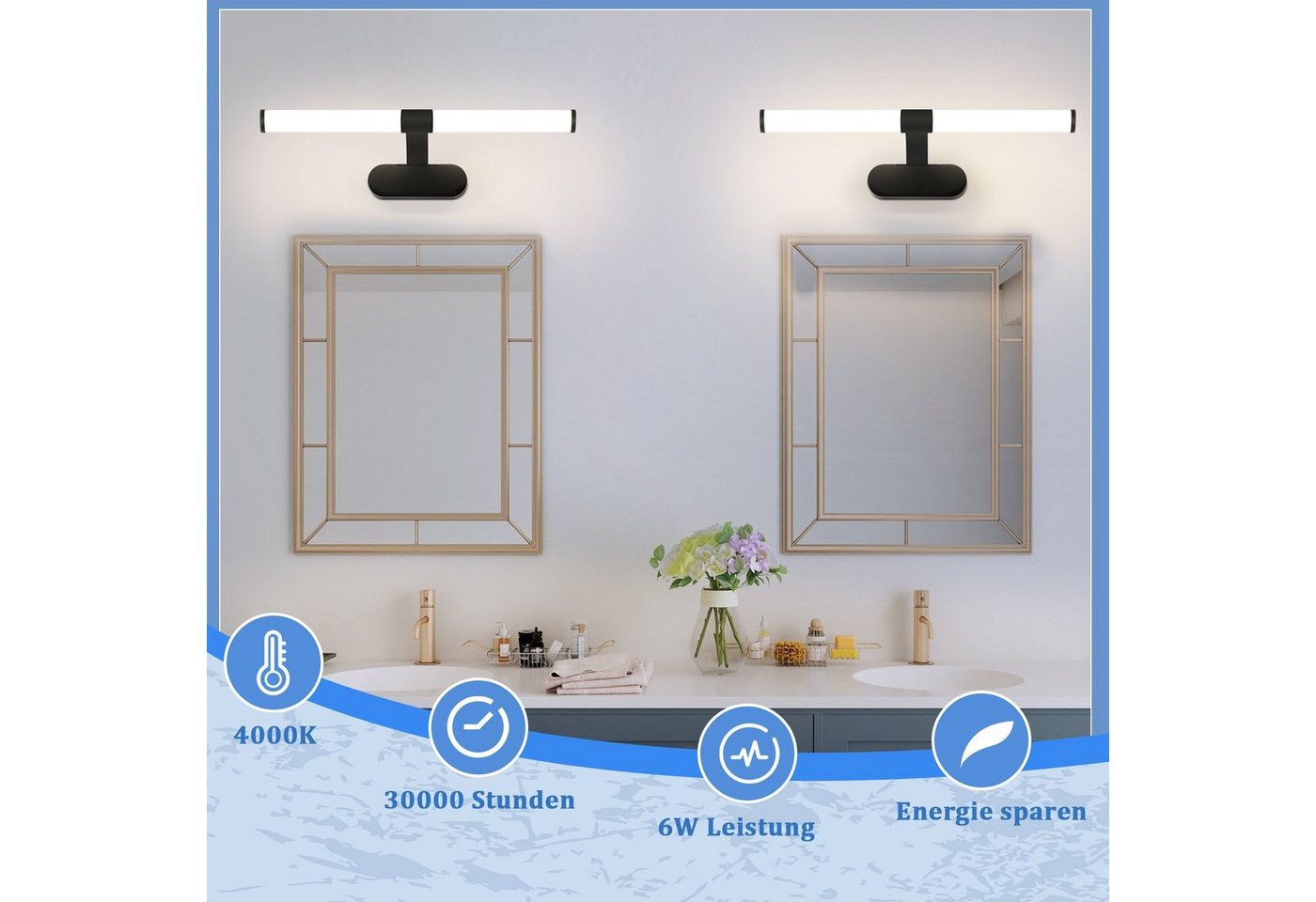ZMH LED Spiegelleuchte 40CM - Spiegellampe 6W Schlafzimmer, LED fest integriert, Neutralweiß, 4000K lampe Weiß Wandleuchte für Keller