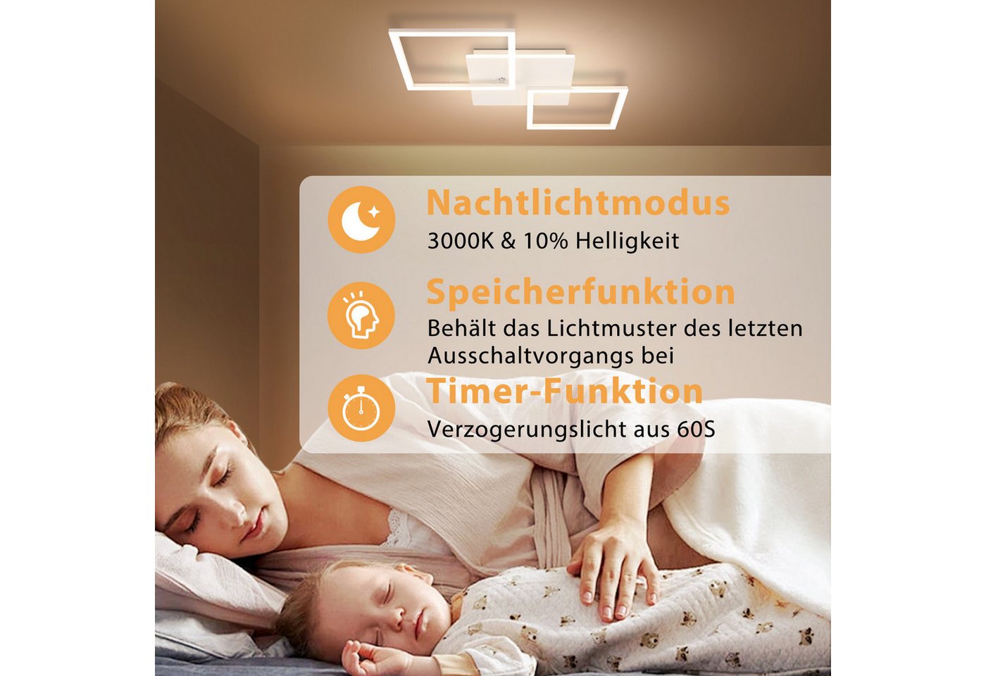 ZMH LED Deckenleuchte Wohnzimmer Schwarz/Weiß 3000-6500K Modern Deckenlampe Küche Büro, LED fest integriert, Warmweiß-Kaltweiß, Weiß Quadratisch 32W Küchenlampe mit Fernbedienung Bild 2