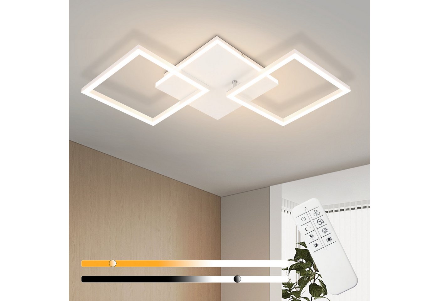 ZMH LED Deckenleuchte Wohnzimmer Schwarz/Weiß 3000-6500K Modern Deckenlampe Küche Büro, LED fest integriert, Warmweiß-Kaltweiß, Weiß Quadratisch 32W Küchenlampe mit Fernbedienung Bild 3