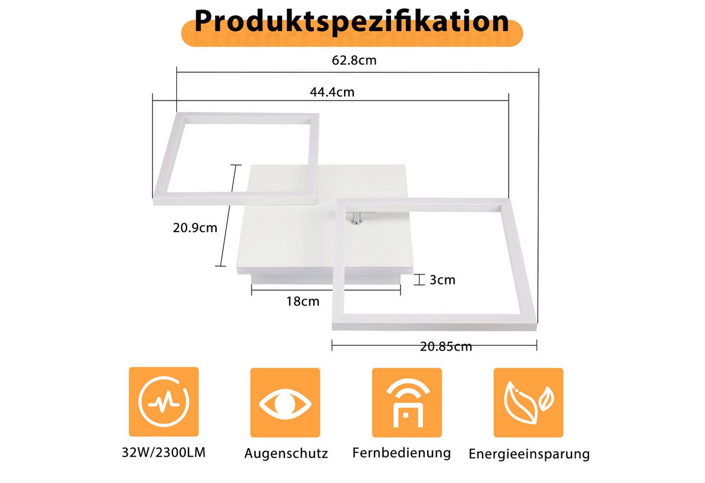 ZMH LED Deckenleuchte Wohnzimmer Schwarz/Weiß 3000-6500K Modern Deckenlampe Küche Büro, LED fest integriert, Warmweiß-Kaltweiß, Weiß Quadratisch 32W Küchenlampe mit Fernbedienung Bild 5