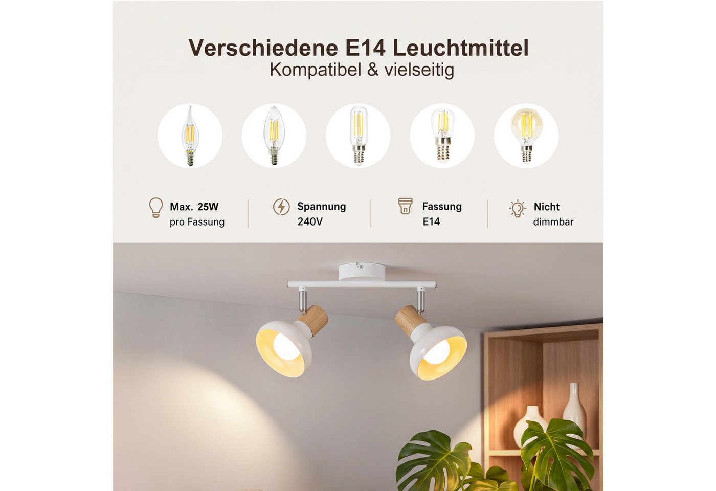 ZMH Deckenstrahler 2 Flammig E14 Vintage Weiß/Schwarz Deckenleuchte für Hotel Wohnzimmer, ohne Leuchtmittel, 350°Schwenkbar Deckenspots Schlafzimmerlampe Bild 2