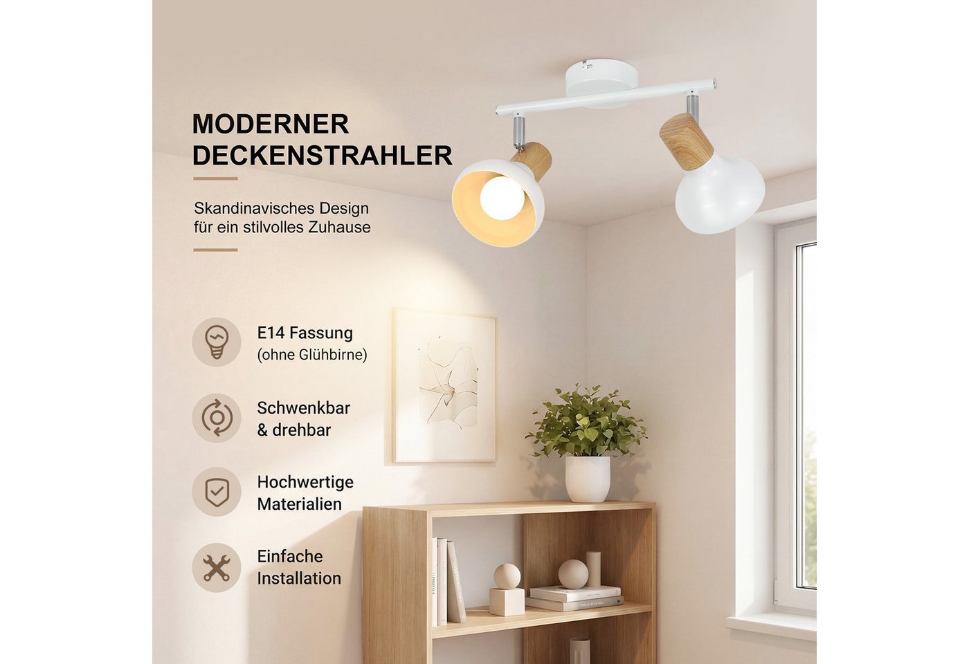 ZMH Deckenstrahler 2 Flammig E14 Vintage Weiß/Schwarz Deckenleuchte für Hotel Wohnzimmer, ohne Leuchtmittel, 350°Schwenkbar Deckenspots Schlafzimmerlampe Bild 4