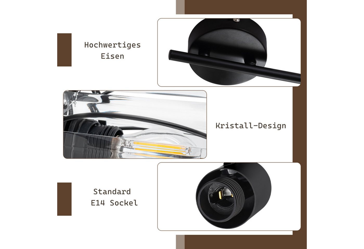 ZMH Deckenstrahler E14 Retro Deckenleuchte mit Kristall-Lampenschirm, 350° schwenkbar, ohne Leuchtmittel, Deckenlampe für Wohnzimmer Schlafzimmer Flur Bild 2
