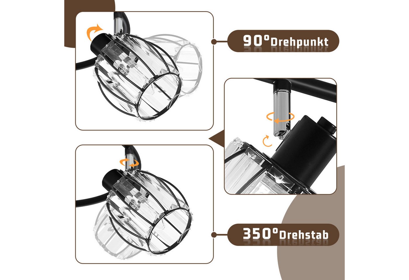 ZMH Deckenstrahler E14 Retro Deckenleuchte mit Kristall-Lampenschirm, 350° schwenkbar, ohne Leuchtmittel, Deckenlampe für Wohnzimmer Schlafzimmer Flur Bild 5