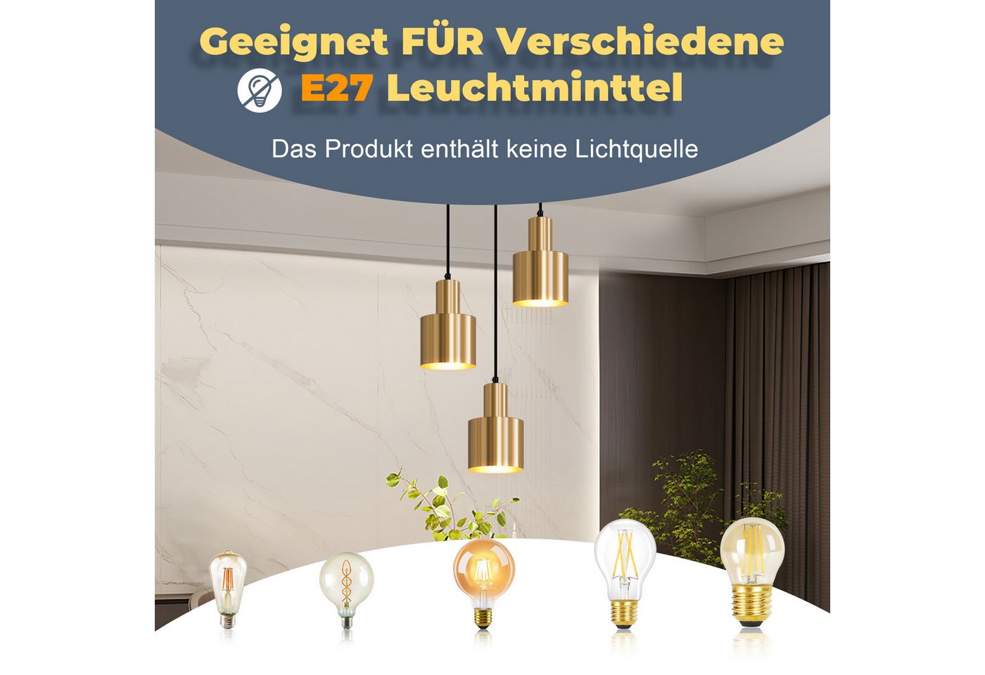 ZMH Pendelleuchte Esszimmer 3 Flammig Gold E27 Hängelampe Metall Schlafzimmer Flur, ohne Leuchtmittel, Vintage Esstischlampe für Schlafzimmer Küche Bild 3
