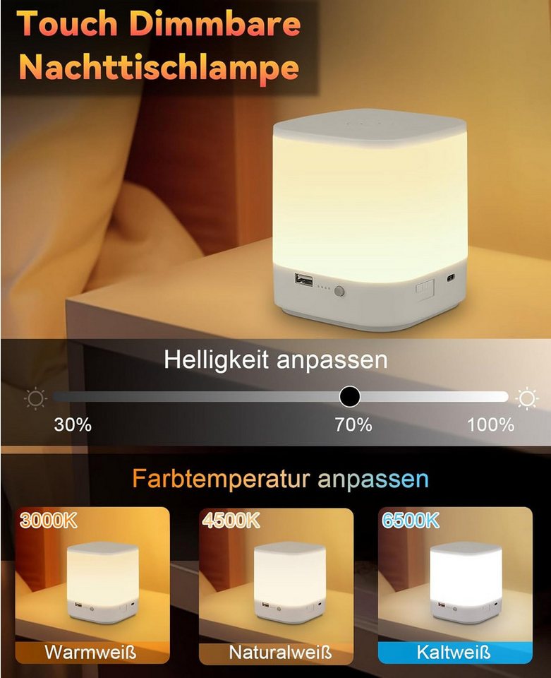 ZMH LED Tischleuchte Akku 1800mAH Touch Dimmbar Nachttischlampe Kabellos Schlafzimmer, LED fest integriert, 3000-6500K, USB Aufladbar mit 3 Farbtemperatur&Timing Funktion Nachtlicht
