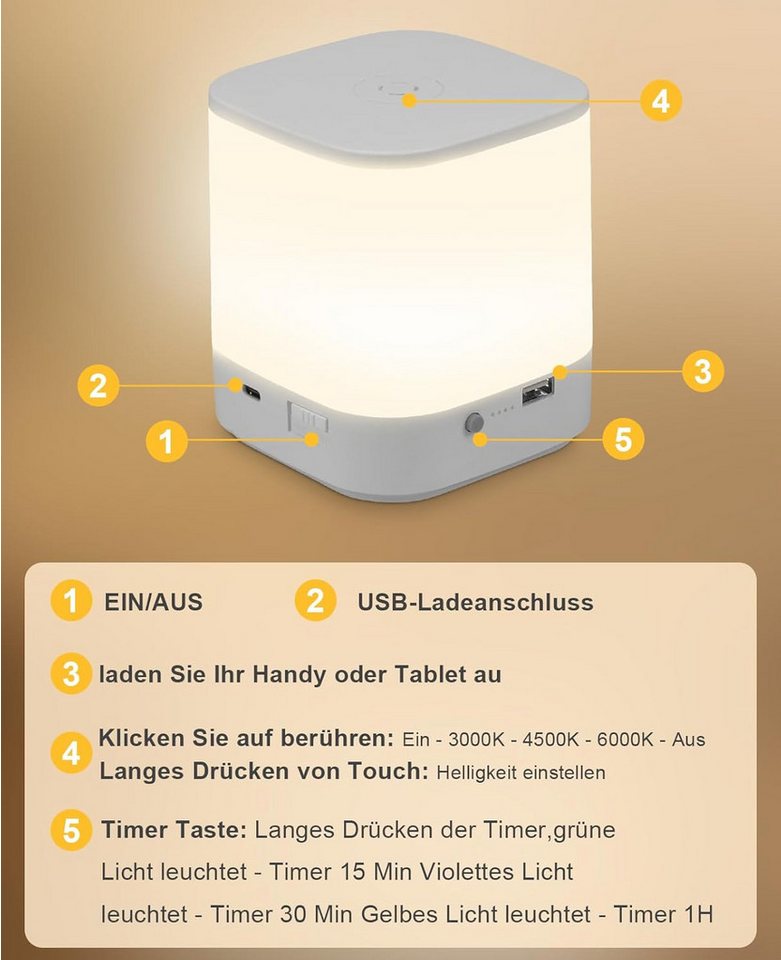 ZMH LED Tischleuchte Akku 1800mAH Touch Dimmbar Nachttischlampe Kabellos Schlafzimmer, LED fest integriert, 3000-6500K, USB Aufladbar mit 3 Farbtemperatur&Timing Funktion Nachtlicht Bild 3