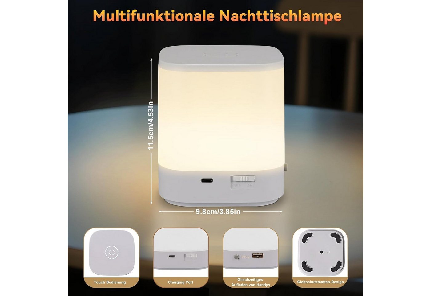 ZMH LED Tischleuchte Akku 1800mAH Touch Dimmbar Nachttischlampe Kabellos Schlafzimmer, LED fest integriert, 3000-6500K, USB Aufladbar mit 3 Farbtemperatur&Timing Funktion Nachtlicht Bild 4