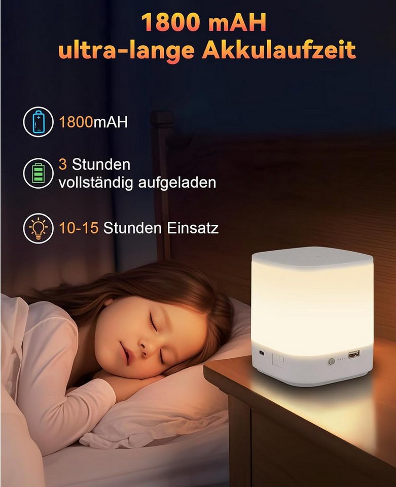 ZMH LED Tischleuchte Akku 1800mAH Touch Dimmbar Nachttischlampe Kabellos Schlafzimmer, LED fest integriert, 3000-6500K, USB Aufladbar mit 3 Farbtemperatur&Timing Funktion Nachtlicht Bild 5