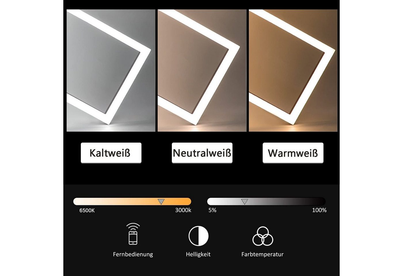 ZMH Deckenleuchten Modernes Rautendesign mit Rahmen 48W/63W Schlafzimmer Dimmbar, LED fest integriert, CCT,Memory-Funktion,Fernbedienung,3000k-6500k