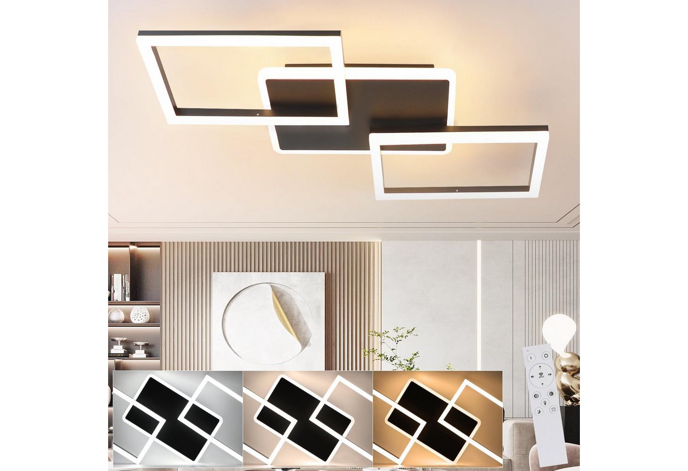 ZMH Deckenleuchten Modernes Rautendesign mit Rahmen 48W/63W Schlafzimmer Dimmbar, LED fest integriert, CCT,Memory-Funktion,Fernbedienung,3000k-6500k Bild 3