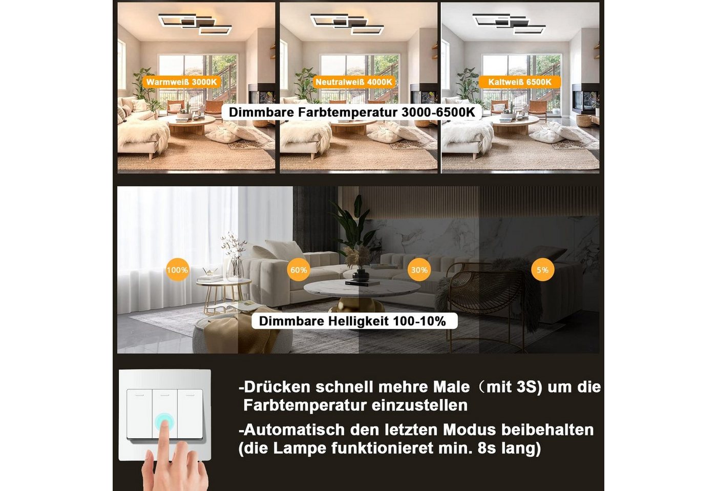 ZMH Deckenleuchten Modernes Rautendesign mit Rahmen 48W/63W Schlafzimmer Dimmbar, LED fest integriert, CCT,Memory-Funktion,Fernbedienung,3000k-6500k Bild 4