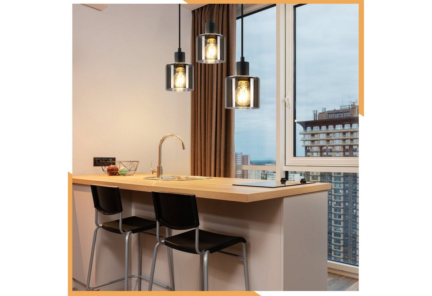 ZMH Pendelleuchte Esstischlampe Hängend Hängeleuchte Schwarz/Berstein - E27 Vintage Flur, ohne Leuchtmittel, Höhenverstellbar für Hotel Büro Vintage Esszimmerlampe