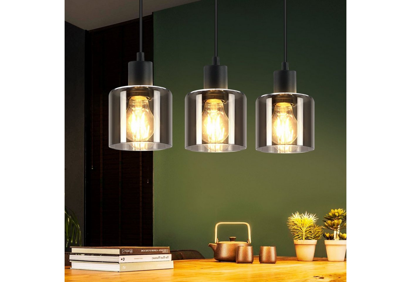 ZMH Pendelleuchte Esstischlampe Hängend Hängeleuchte Schwarz/Berstein - E27 Vintage Flur, ohne Leuchtmittel, Höhenverstellbar für Hotel Büro Vintage Esszimmerlampe Bild 3