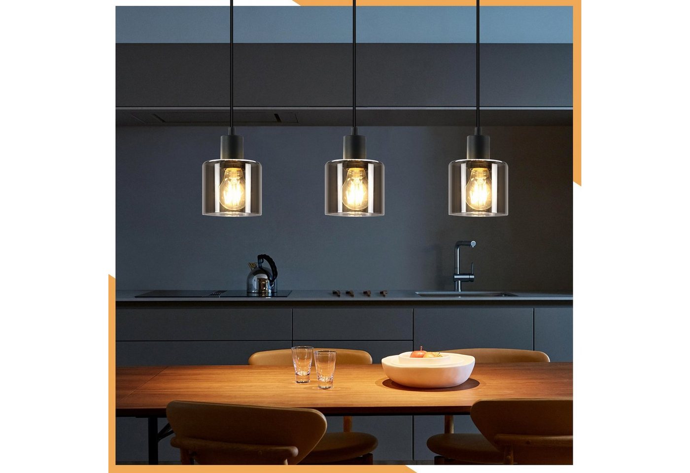 ZMH Pendelleuchte Esstischlampe Hängend Hängeleuchte Schwarz/Berstein - E27 Vintage Flur, ohne Leuchtmittel, Höhenverstellbar für Hotel Büro Vintage Esszimmerlampe Bild 5