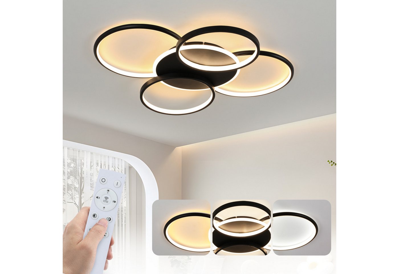 ZMH LED Deckenleuchte Wohnzimmer Dimmbar 5-Ringen 70W Deckenlampe für Büro Esszimmer, LED fest integriert, 3000-6500K, Schwarz Modern Acryl Schlafzimmerlampe mit Fernbedienung
