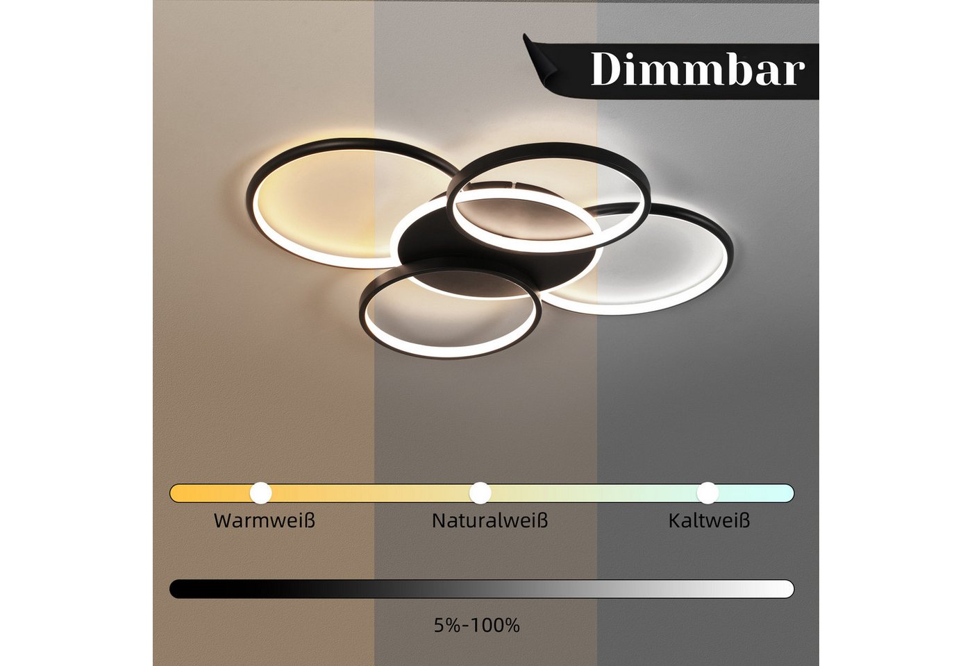 ZMH LED Deckenleuchte Wohnzimmer Dimmbar 5-Ringen 70W Deckenlampe für Büro Esszimmer, LED fest integriert, 3000-6500K, Schwarz Modern Acryl Schlafzimmerlampe mit Fernbedienung Bild 2