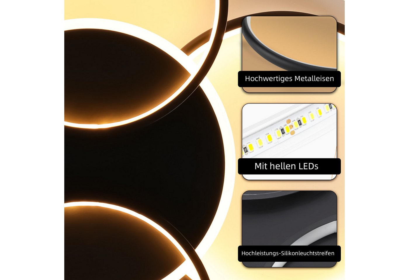 ZMH LED Deckenleuchte Wohnzimmer Dimmbar 5-Ringen 70W Deckenlampe für Büro Esszimmer, LED fest integriert, 3000-6500K, Schwarz Modern Acryl Schlafzimmerlampe mit Fernbedienung Bild 3