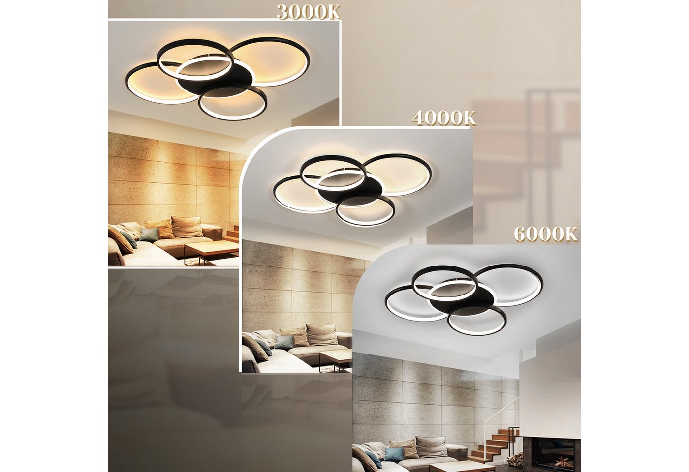 ZMH LED Deckenleuchte Wohnzimmer Dimmbar 5-Ringen 70W Deckenlampe für Büro Esszimmer, LED fest integriert, 3000-6500K, Schwarz Modern Acryl Schlafzimmerlampe mit Fernbedienung Bild 4