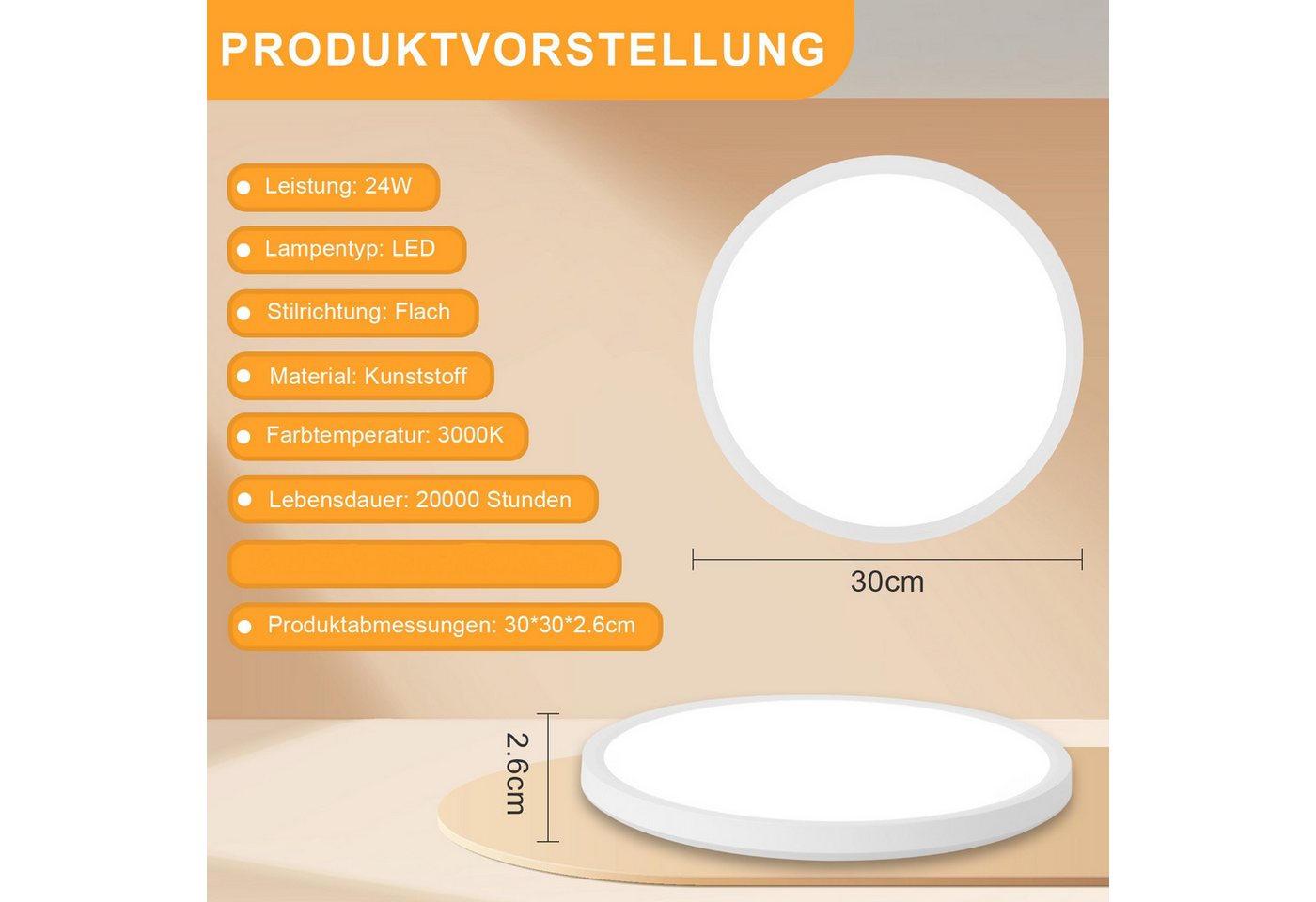 ZMH LED Deckenleuchte Wohnzimmer Ø22/30CM Modern Schwarz/Weiß Rund Deckenlampe Flur, LED fest integriert, Warmweiß, 24W Schlafzimmerlampe 3000K Bild 3