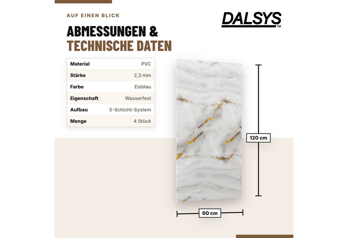 Dalsys Wandpaneel Wandverkleidung selbstklebend aus PVC, BxL: 60x120 cm, (60x120cm Marmoroptik Onyxweiß, 4-tlg., flexible Wandverkleidung Badezimmer wasserfest) 2,3mm Materialstärke, Spritzschutz Küchenrückwand