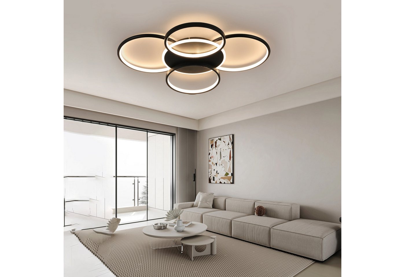 ZMH Deckenleuchte Wohnzimmer Modern 4/5 Flammig Ringoptik Design 37/70W Schlafzimmer, LED fest integriert, 3000-6500K, 70W, 6510lm, IR-CCT, dimmbar, 67×55,5×6cm, Ringdesign Bild 2