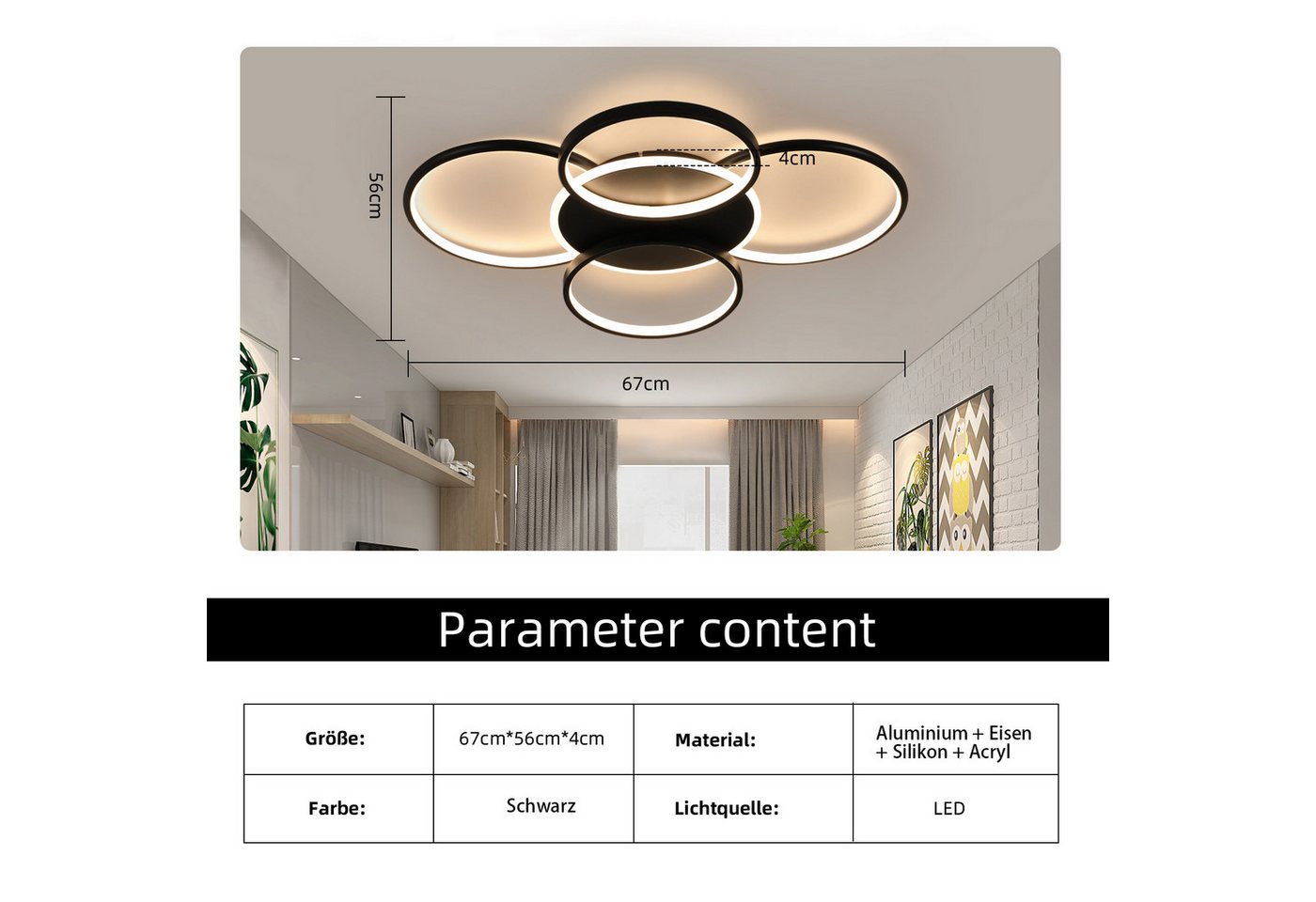 ZMH Deckenleuchte Wohnzimmer Modern 4/5 Flammig Ringoptik Design 37/70W Schlafzimmer, LED fest integriert, 3000-6500K, 70W, 6510lm, IR-CCT, dimmbar, 67×55,5×6cm, Ringdesign Bild 5
