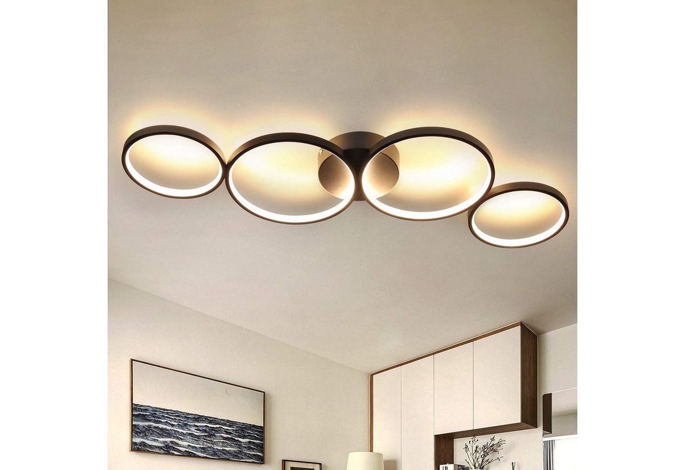 ZMH Deckenleuchte Wohnzimmer Modern 4/5 Flammig Ringoptik Design 37/70W Schlafzimmer, LED fest integriert, Warmweiß, 37W, 3000K, warmweiß, 88×5,8×31cm Bild 3