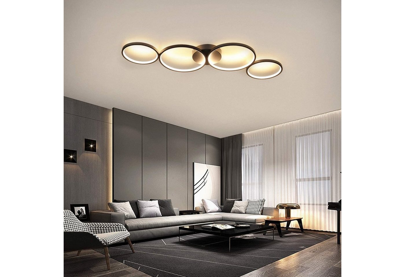 ZMH Deckenleuchte Wohnzimmer Modern 4/5 Flammig Ringoptik Design 37/70W Schlafzimmer, LED fest integriert, Warmweiß, 37W, 3000K, warmweiß, 88×5,8×31cm Bild 5