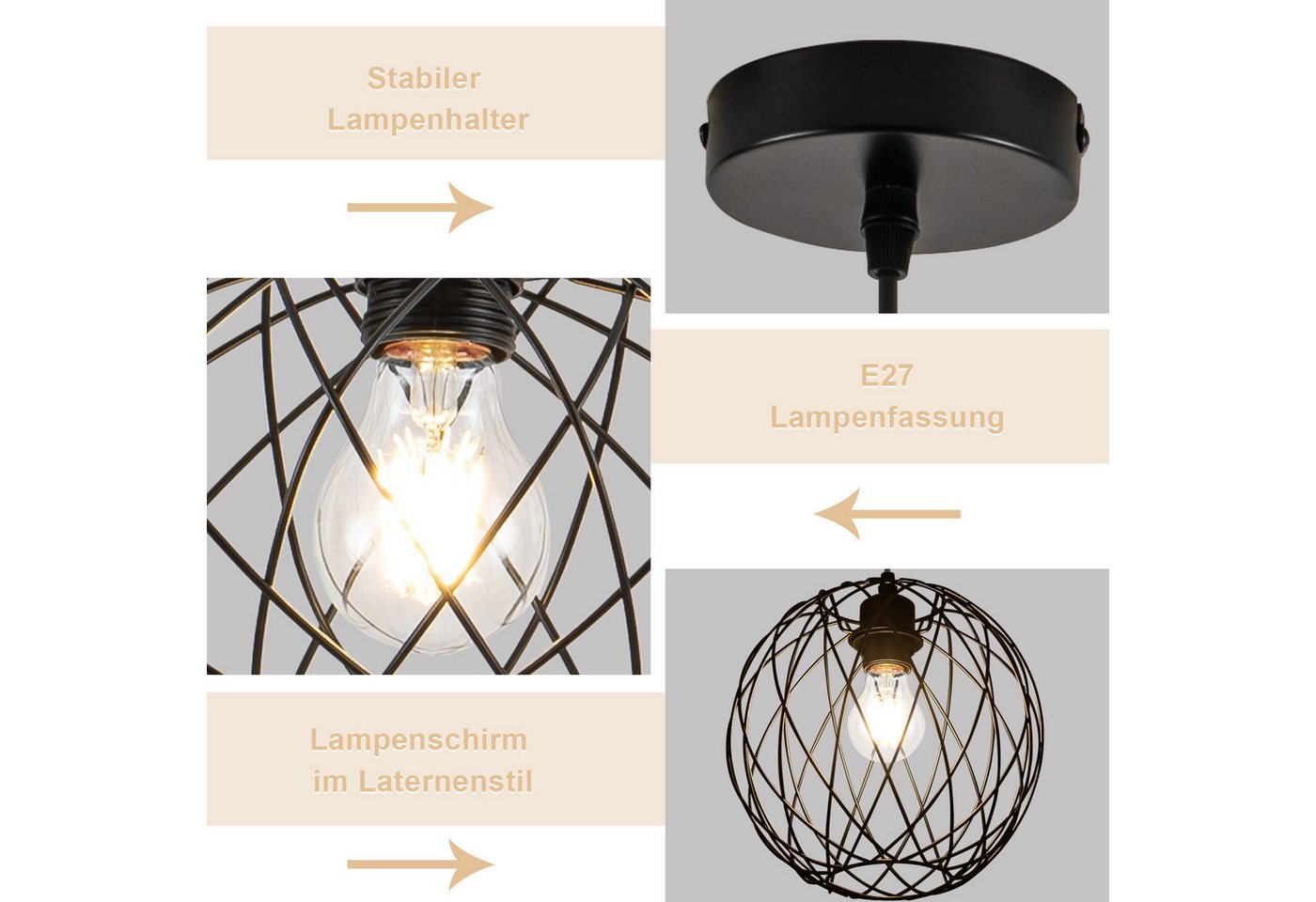 ZMH Pendelleuchte Esszimmer 120CM Schwarz Retro Käfig Gitter E27 Hängeleuchte Flur, ohne Leuchtmittel, Rund, 1 Flammig Retro Esstischlampe Wohnzimmer Treppenhaus