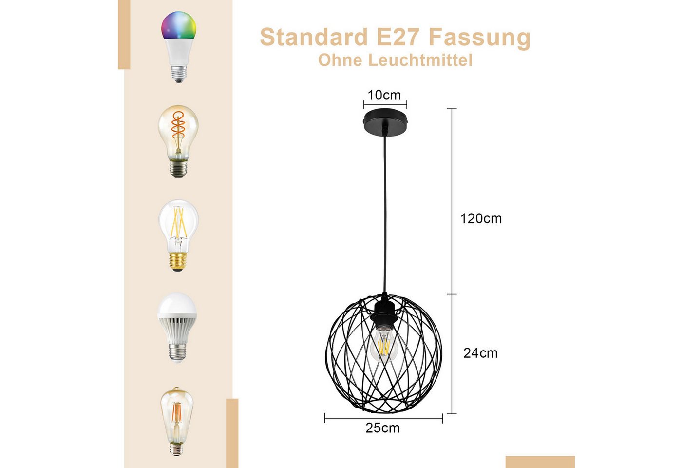 ZMH Pendelleuchte Esszimmer 120CM Schwarz Retro Käfig Gitter E27 Hängeleuchte Flur, ohne Leuchtmittel, Rund, 1 Flammig Retro Esstischlampe Wohnzimmer Treppenhaus Bild 2