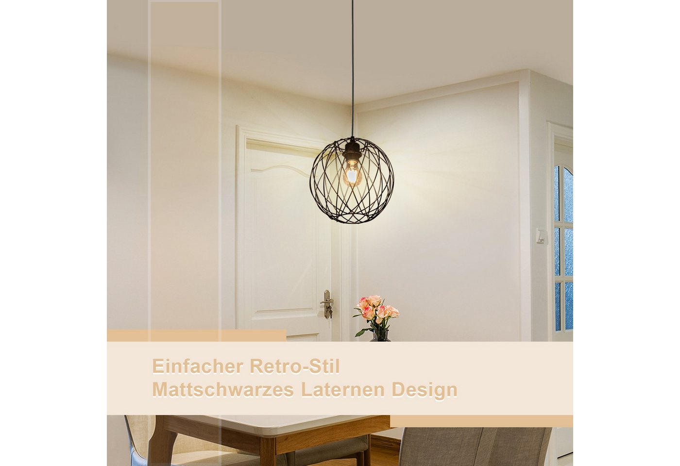 ZMH Pendelleuchte Esszimmer 120CM Schwarz Retro Käfig Gitter E27 Hängeleuchte Flur, ohne Leuchtmittel, Rund, 1 Flammig Retro Esstischlampe Wohnzimmer Treppenhaus Bild 4