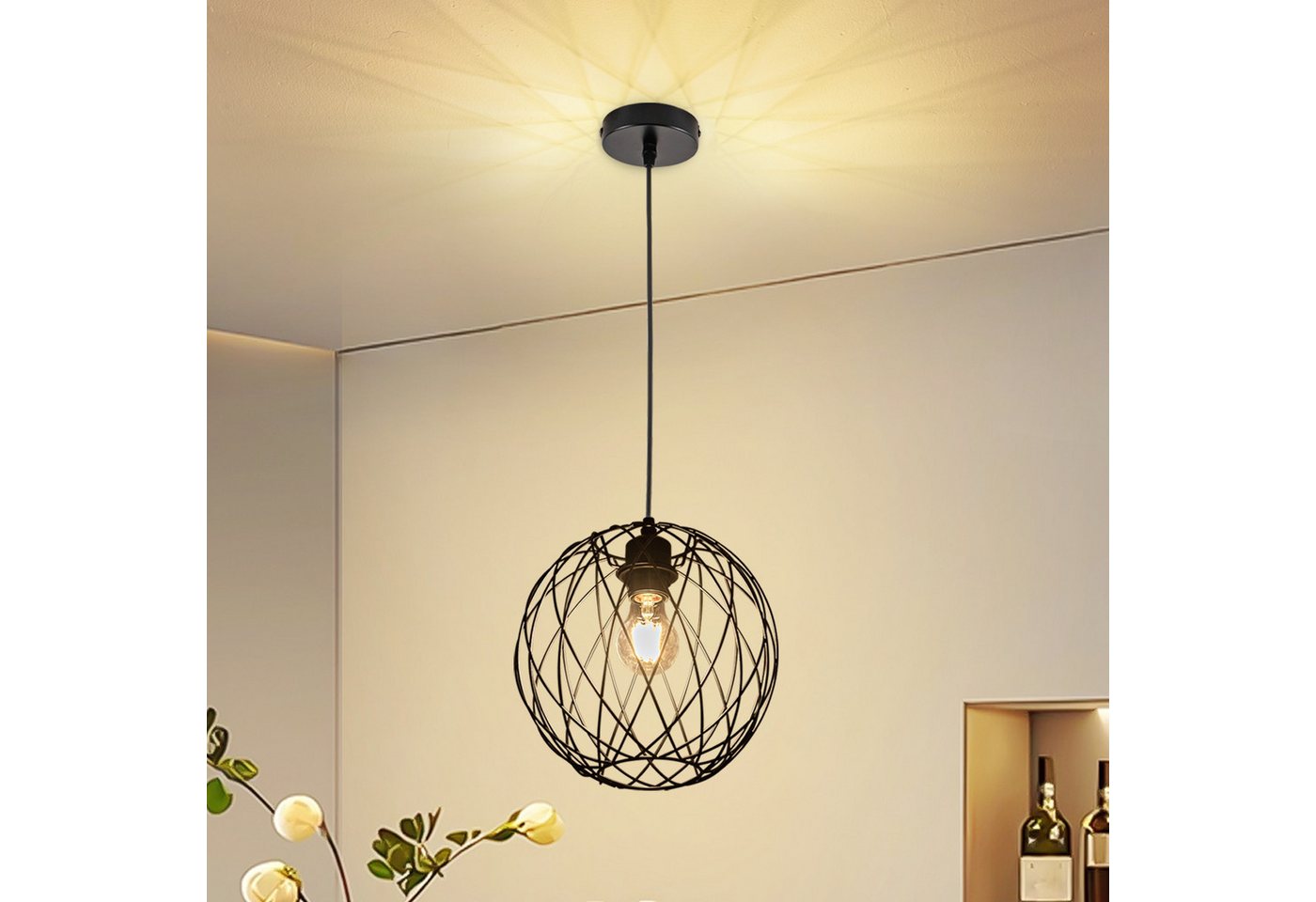 ZMH Pendelleuchte Esszimmer 120CM Schwarz Retro Käfig Gitter E27 Hängeleuchte Flur, ohne Leuchtmittel, Rund, 1 Flammig Retro Esstischlampe Wohnzimmer Treppenhaus Bild 5