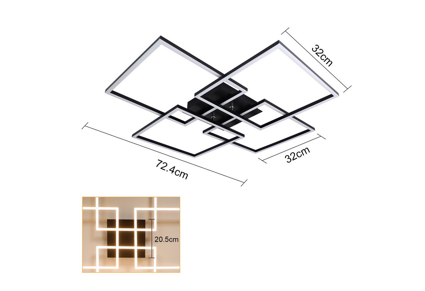 ZMH LED Deckenleuchte Wohnzimmer 72CM Schwarz/Silber Groß Rechteckig Dimmbar 48W Deckenlampe, LED fest integriert, 3000-6500K, mit Fernbedienung Modern Esszimmerlampe für Schlafzimmer Küche