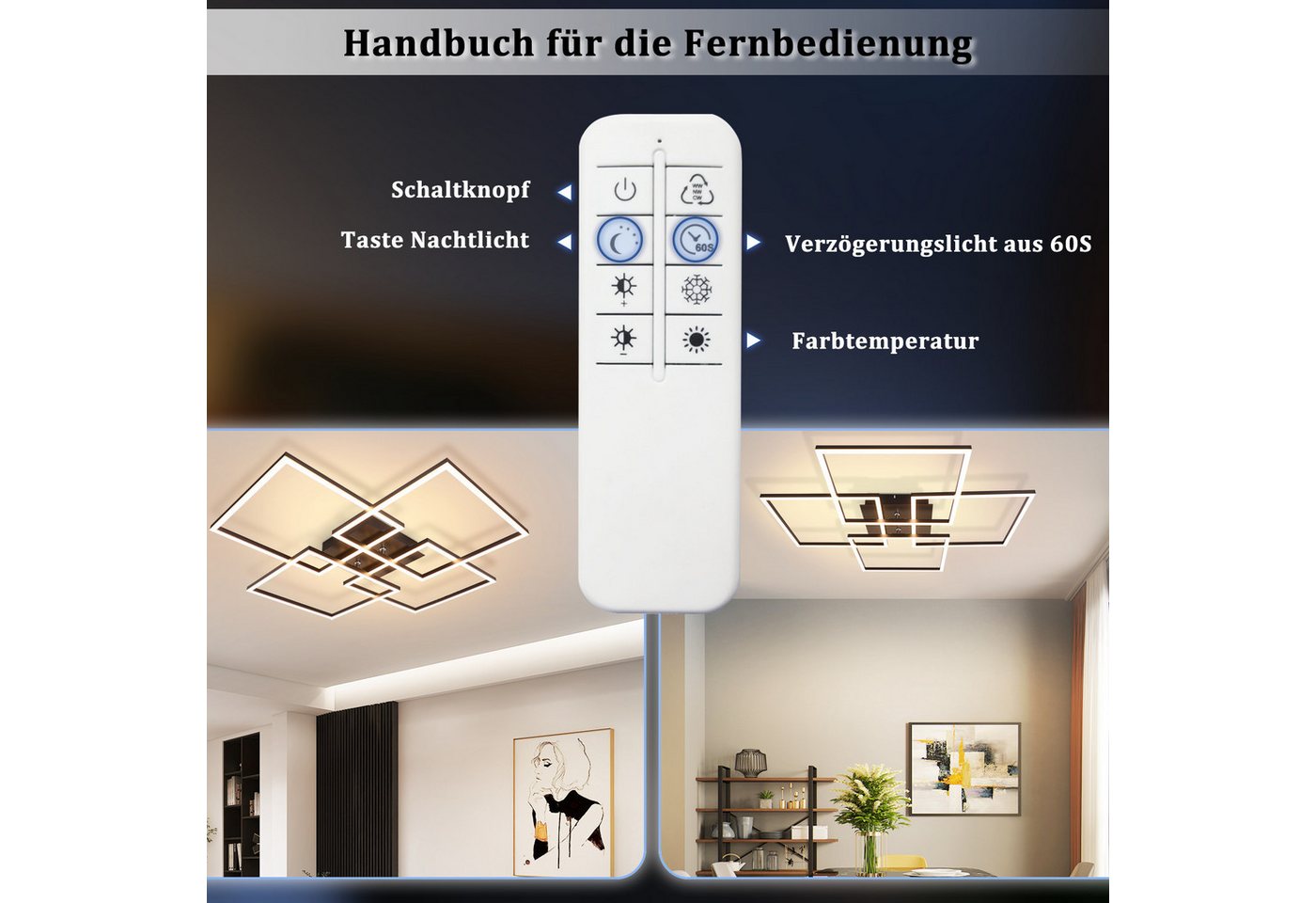 ZMH LED Deckenleuchte Wohnzimmer 72CM Schwarz/Silber Groß Rechteckig Dimmbar 48W Deckenlampe, LED fest integriert, 3000-6500K, mit Fernbedienung Modern Esszimmerlampe für Schlafzimmer Küche Bild 2