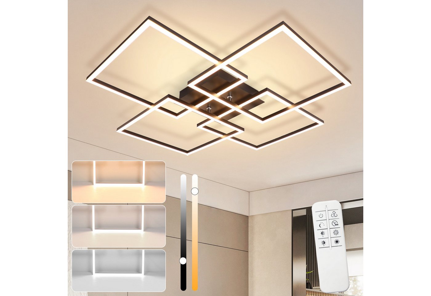 ZMH LED Deckenleuchte Wohnzimmer 72CM Schwarz/Silber Groß Rechteckig Dimmbar 48W Deckenlampe, LED fest integriert, 3000-6500K, mit Fernbedienung Modern Esszimmerlampe für Schlafzimmer Küche Bild 3