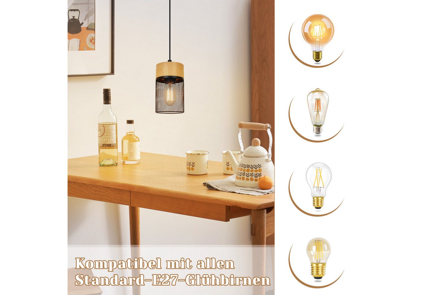 ZMH Pendelleuchte aus Holz mit 1/3 Flammen, Hängeleuchte in Schwarz mit Holzmaserung, ohne Leuchtmittel, Industrial E27 Esstischlampe für Schlafzimmer Küche Bild 2