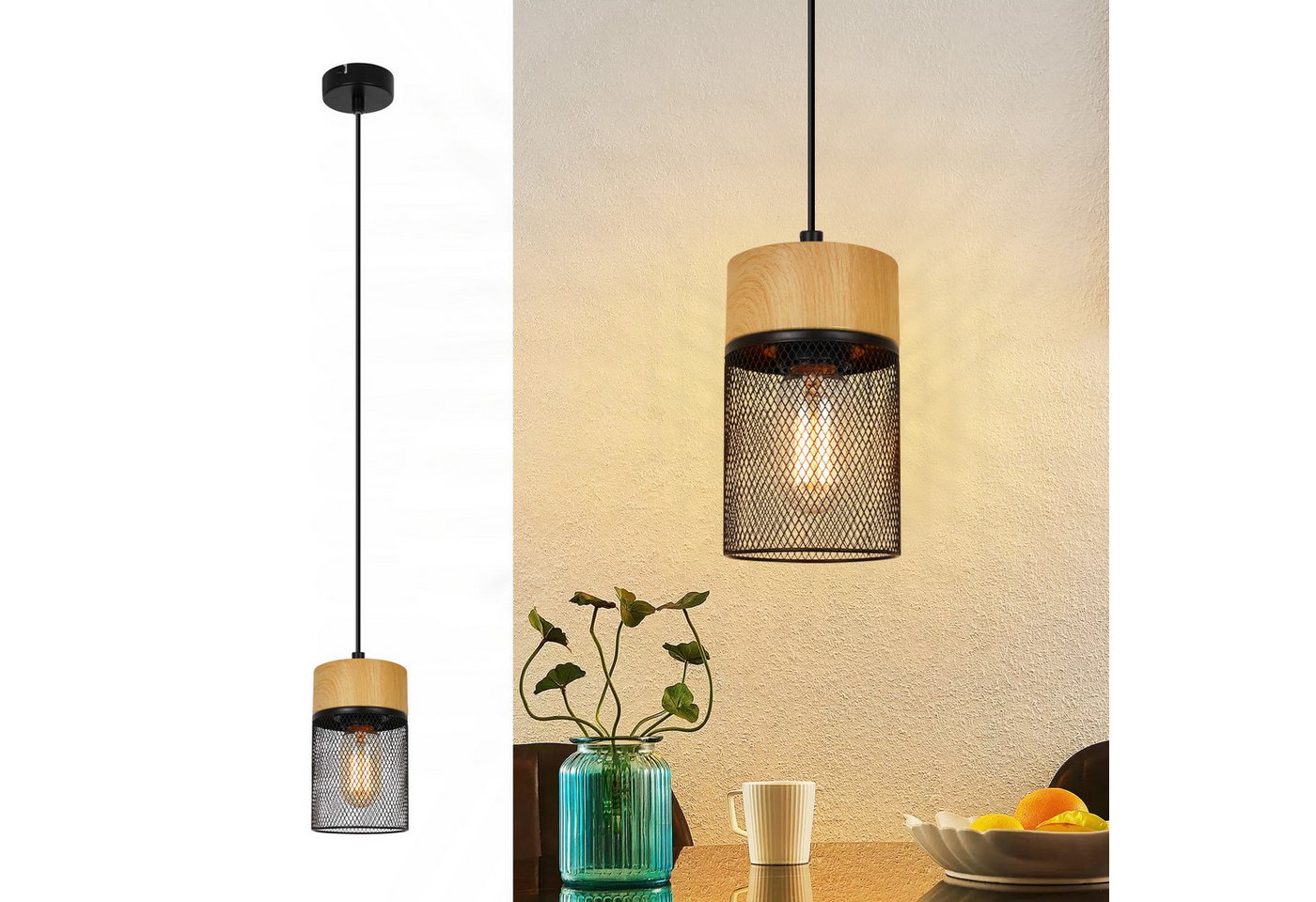 ZMH Pendelleuchte aus Holz mit 1/3 Flammen, Hängeleuchte in Schwarz mit Holzmaserung, ohne Leuchtmittel, Industrial E27 Esstischlampe für Schlafzimmer Küche Bild 3