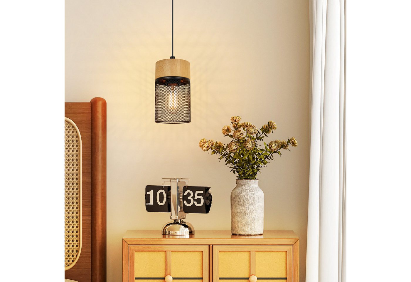 ZMH Pendelleuchte aus Holz mit 1/3 Flammen, Hängeleuchte in Schwarz mit Holzmaserung, ohne Leuchtmittel, Industrial E27 Esstischlampe für Schlafzimmer Küche Bild 4