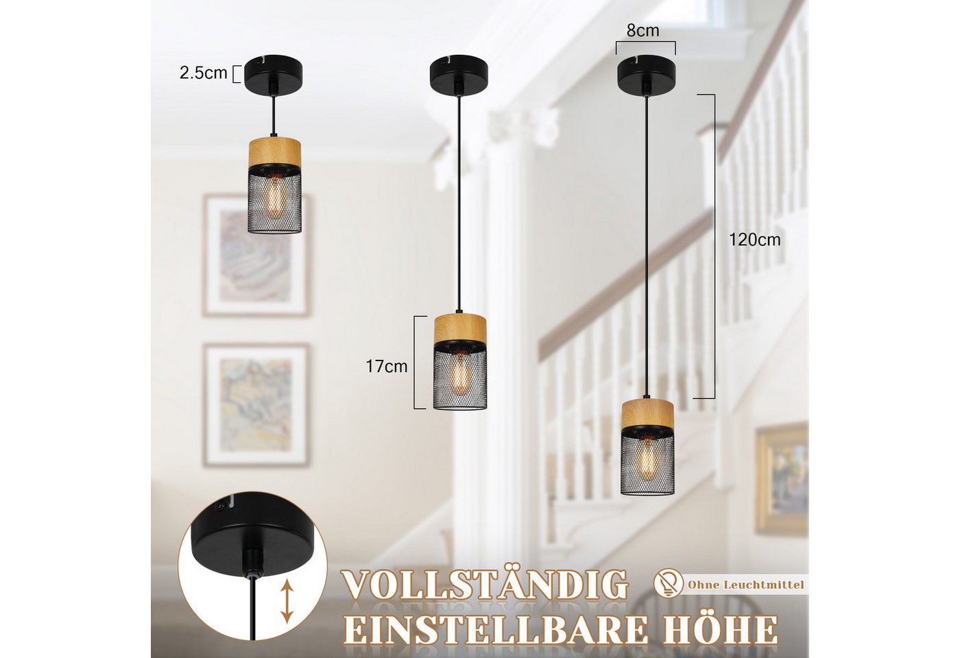 ZMH Pendelleuchte aus Holz mit 1/3 Flammen, Hängeleuchte in Schwarz mit Holzmaserung, ohne Leuchtmittel, Industrial E27 Esstischlampe für Schlafzimmer Küche Bild 5