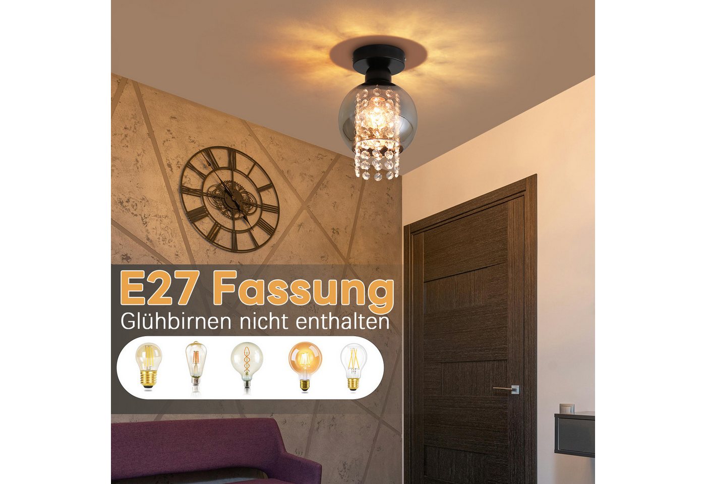 ZMH Deckenleuchte Wohnzimmer 1/3 Flammig Rauchgrau Modern Glas E27 Schlafzimmer Flur, ohne Leuchtmittel, 1 Flammig Deckenbeleuchtung Esszimmer Kugel Küchenlampe Bild 5