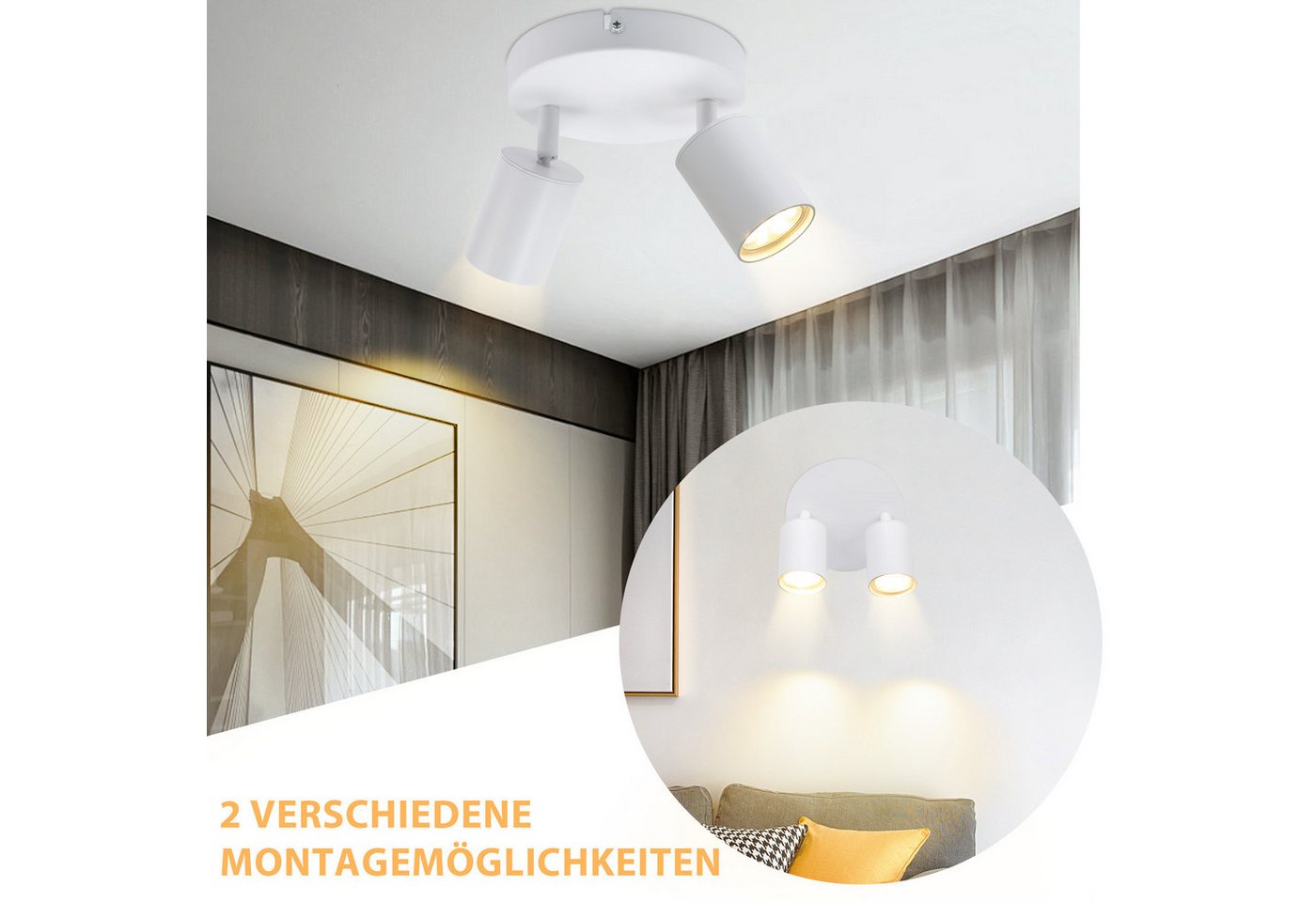 ZMH Deckenstrahler 2 Flammig Rund Deckenlampe Schwenkbar 330° Modern für Wohnzimmer, ohne Leuchtmittel, Weiß 90° gedreht Wandstrahler für Schlafzimmer Küche