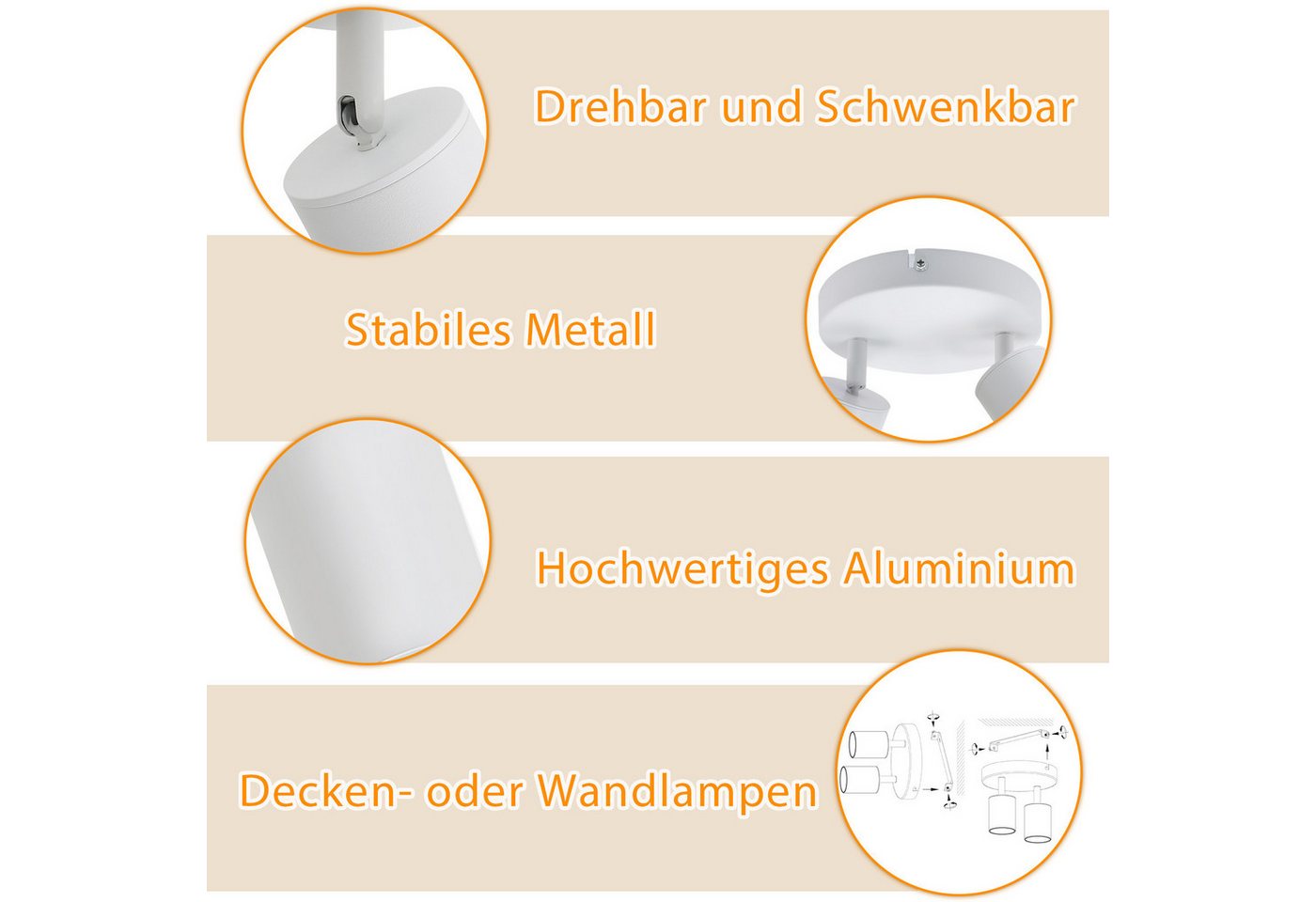 ZMH Deckenstrahler 2 Flammig Rund Deckenlampe Schwenkbar 330° Modern für Wohnzimmer, ohne Leuchtmittel, Weiß 90° gedreht Wandstrahler für Schlafzimmer Küche Bild 2
