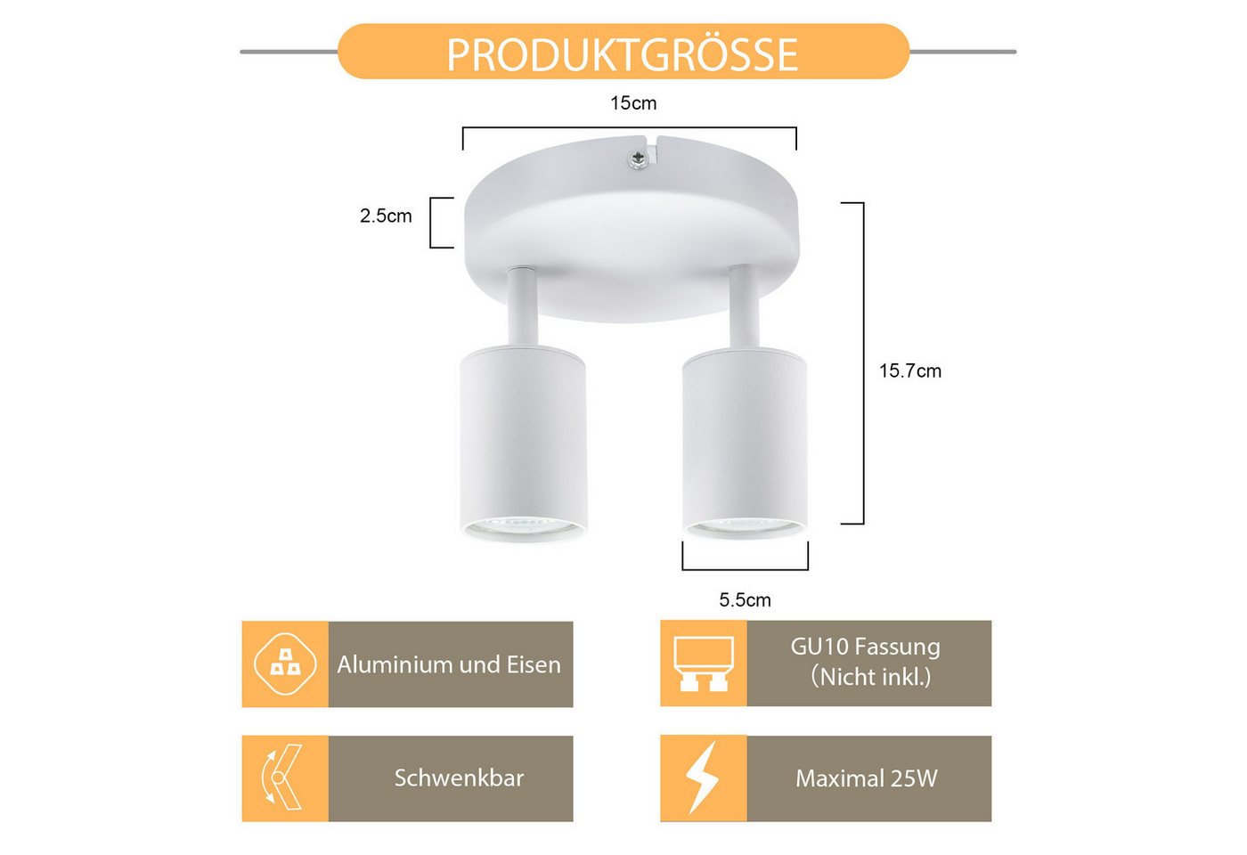 ZMH Deckenstrahler 2 Flammig Rund Deckenlampe Schwenkbar 330° Modern für Wohnzimmer, ohne Leuchtmittel, Weiß 90° gedreht Wandstrahler für Schlafzimmer Küche Bild 4
