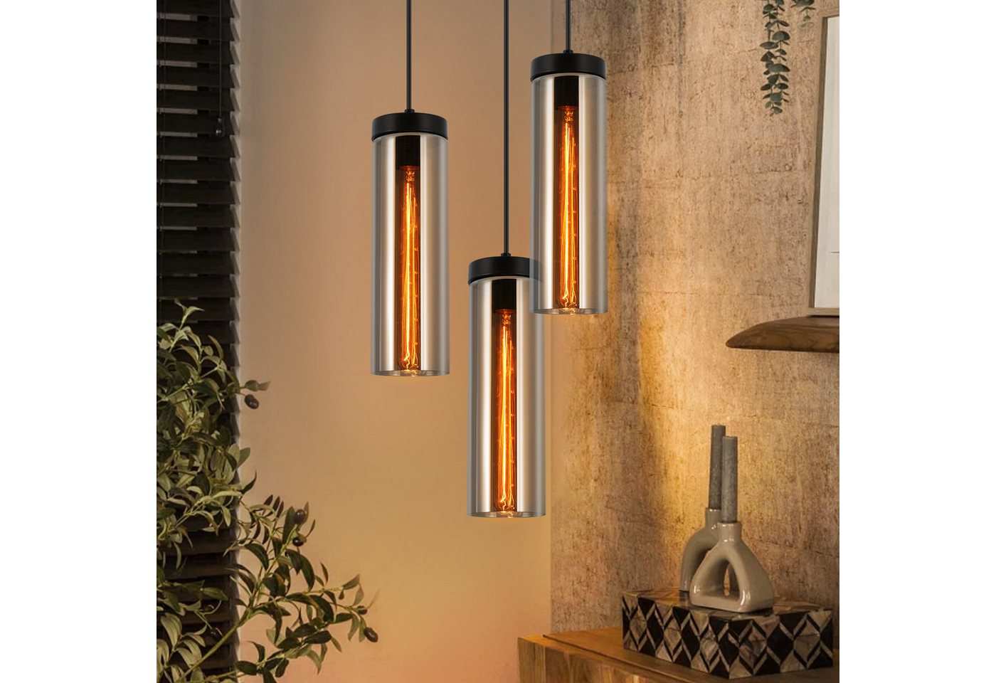 ZMH Pendelleuchte Esszimmer Schwarz - 3 Flammig E27 Glas Hängeleuchte für Wohnzimmer, ohne Leuchtmittel, 120CM Höhenverstellbar Esstischlampe für Küche Schlafzimmer Bild 2