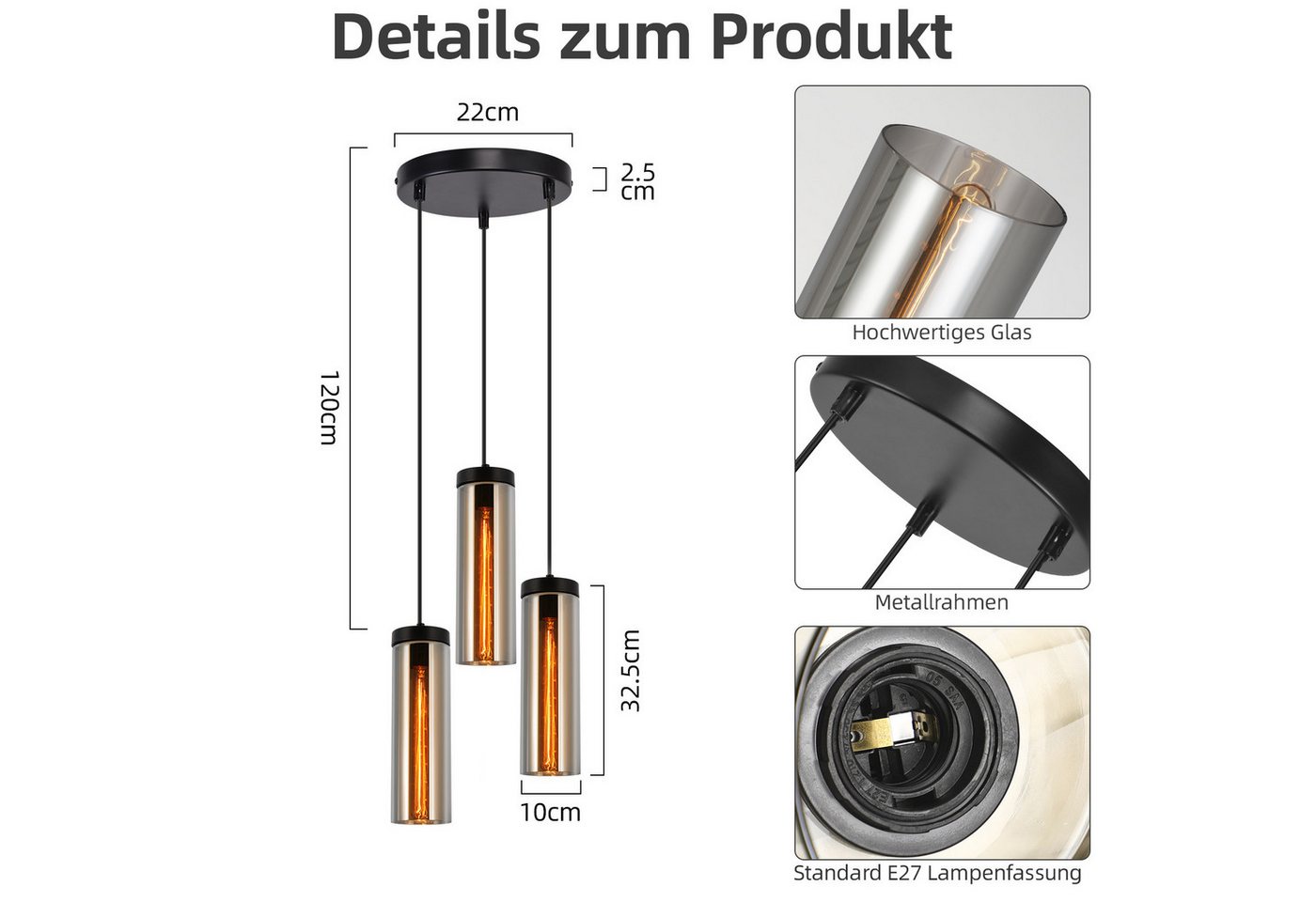 ZMH Pendelleuchte Esszimmer Schwarz - 3 Flammig E27 Glas Hängeleuchte für Wohnzimmer, ohne Leuchtmittel, 120CM Höhenverstellbar Esstischlampe für Küche Schlafzimmer Bild 3