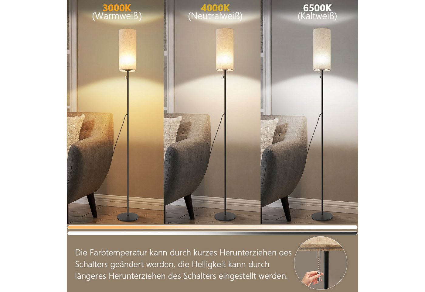 ZMH LED Stehlampe Dimmbar Retro Standleuchte Stoffschirm Wohnzimmer mit Seilzugschalter, Beige Lampenschirm Retro Stoff Leselampe für Schlafzimmer