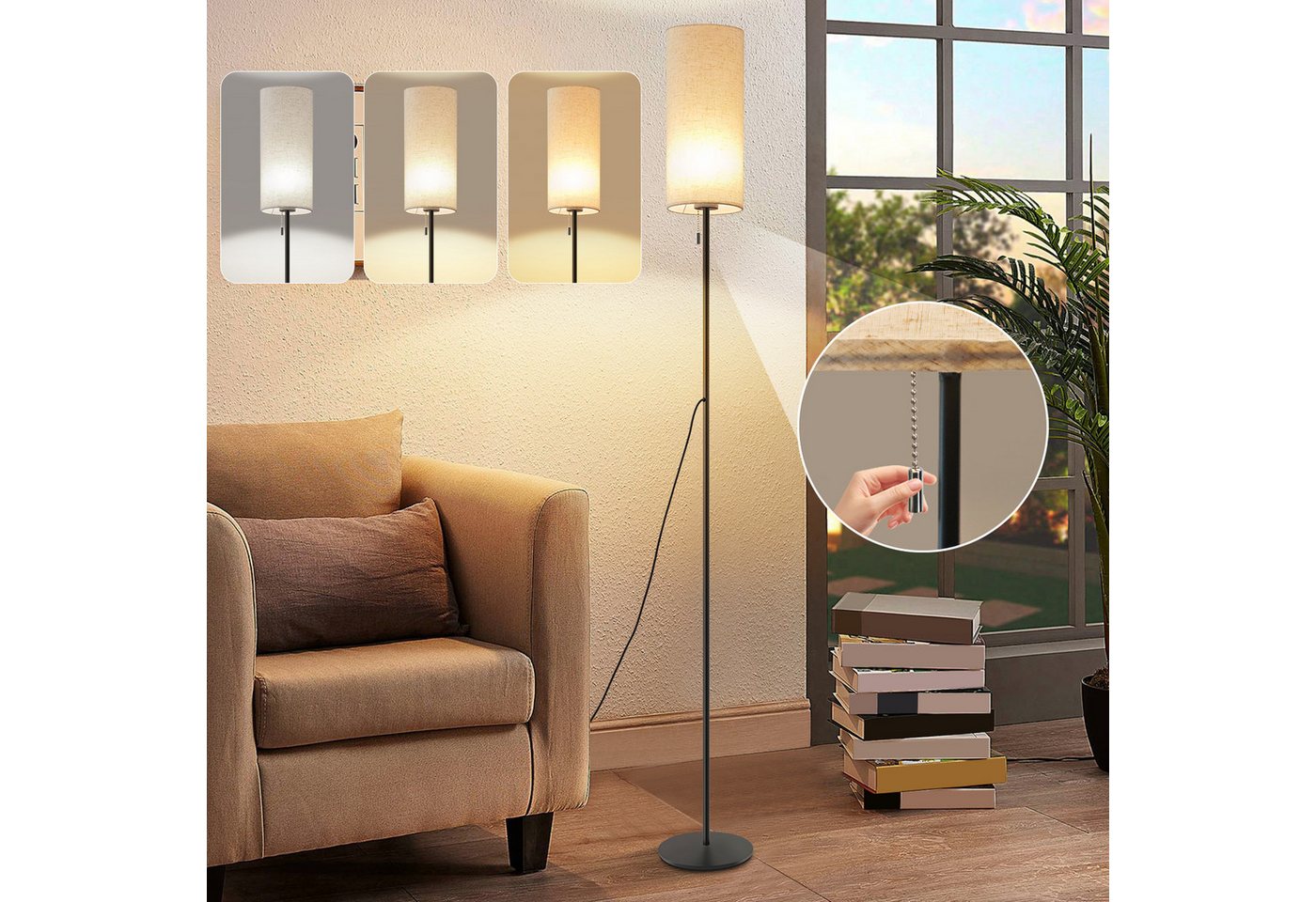 ZMH LED Stehlampe Dimmbar Retro Standleuchte Stoffschirm Wohnzimmer mit Seilzugschalter, Beige Lampenschirm Retro Stoff Leselampe für Schlafzimmer Bild 2